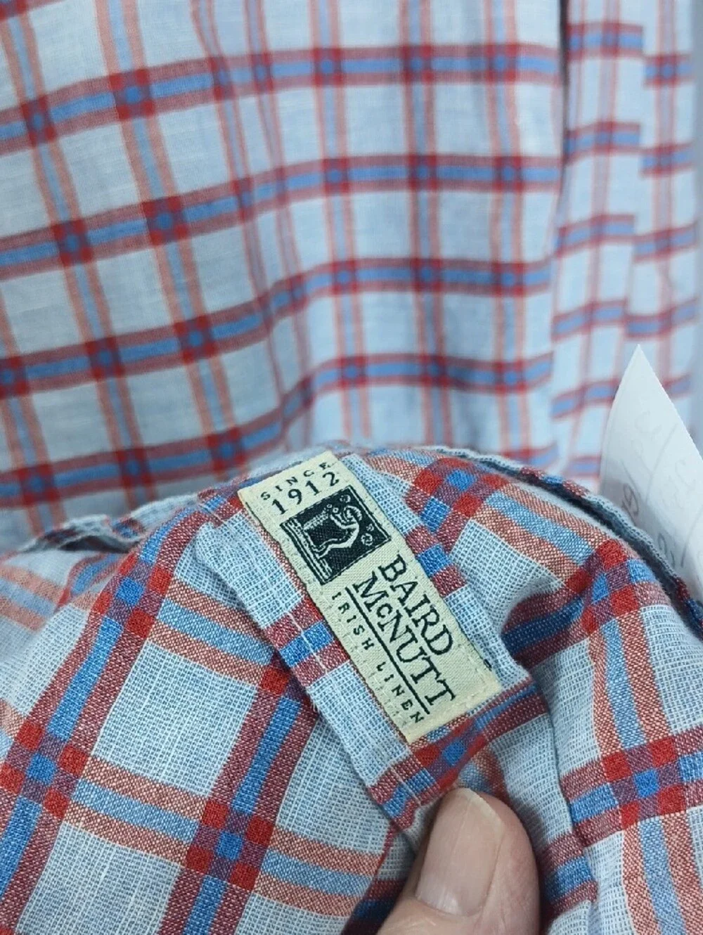 J. Crew Men’s Light Blue and Red Plaid Button-Down linen + cotton Shirt